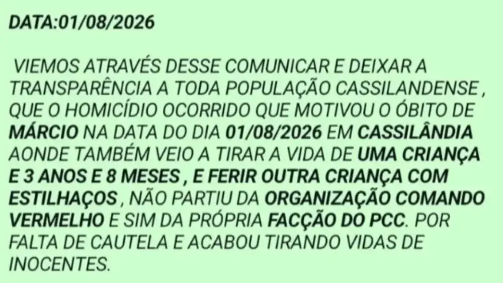 Comando Vermelho nega autoria de morte de criança e padrasto em MS